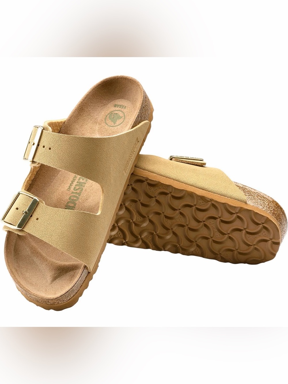 Birkenstock Arizona Vegan Sandals in Light Tan yellow.